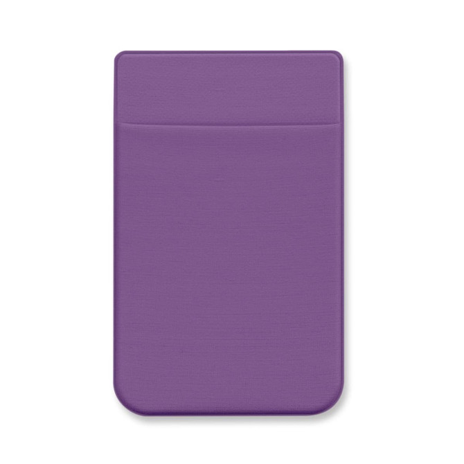 A purple Lycra phone wallet with a slot for cards. It has a smooth, textured surface and rounded edges.