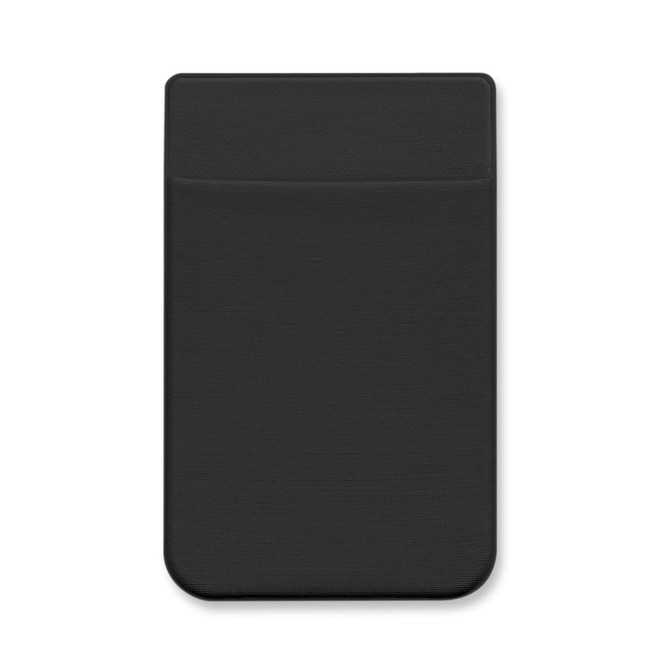 A Lycra phone wallet in a solid dark color featuring a slim design with an exterior pocket.