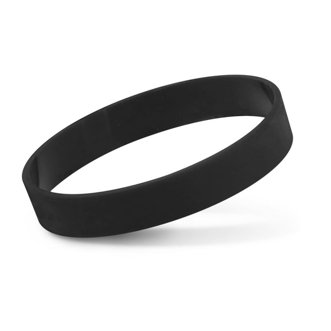 A black silicone wristband featuring a smooth surface and a simple design. It has a logo on it.