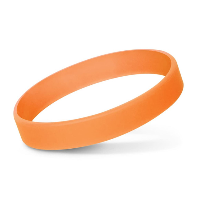 A silicone wristband in a bright orange color, designed to glow in the dark.
