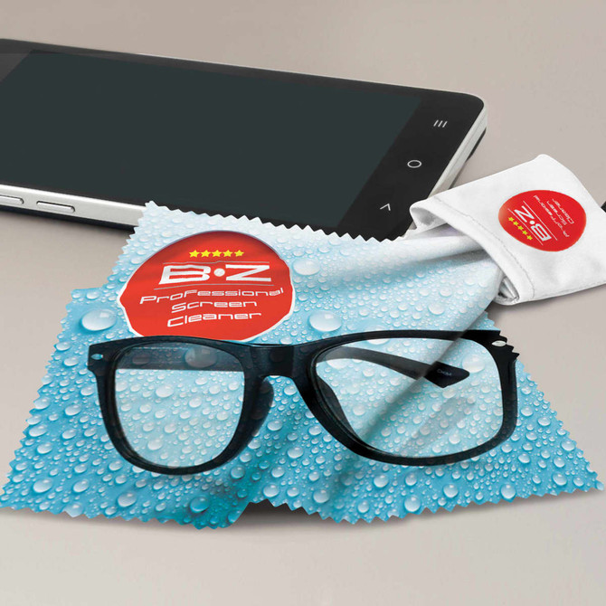 A screen cleaner cloth with water droplets in blue, alongside a pair of black glasses and a smartphone.