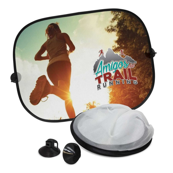 A sunshade set featuring a silhouette of a runner against a sunset background, with a logo included.
