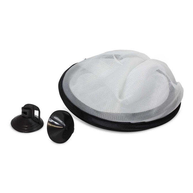 A car sunshade set in white mesh and black trim, including suction cups for attachment.