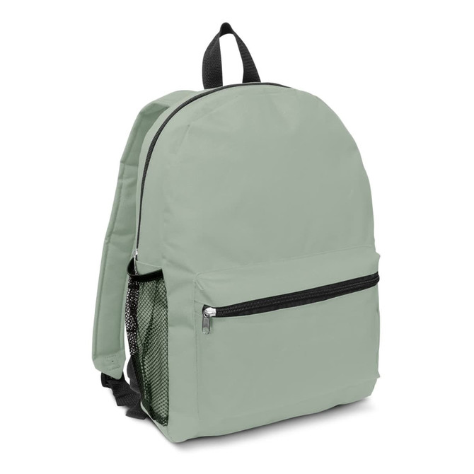 A green backpack with a front zip pocket and a mesh side pocket, featuring a logo on the front.
