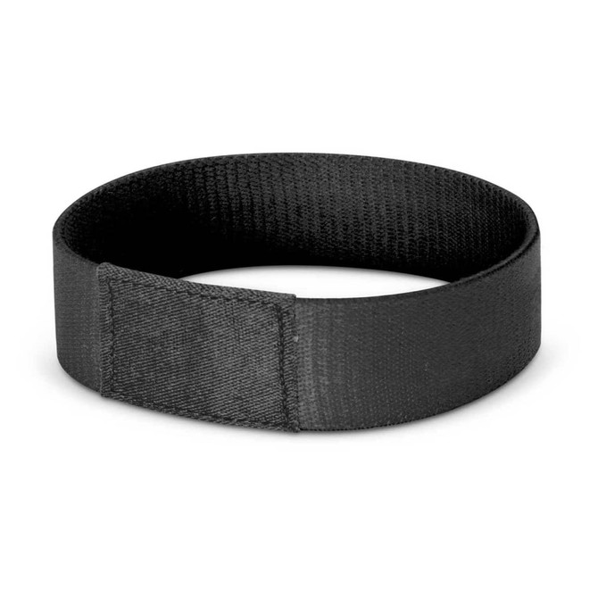 A black fabric wristband featuring a secure fastening, suitable for events and exhibitions.
