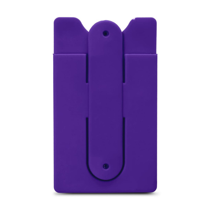 A purple phone wallet with a slot for cards and a clip on the back. It features a logo.