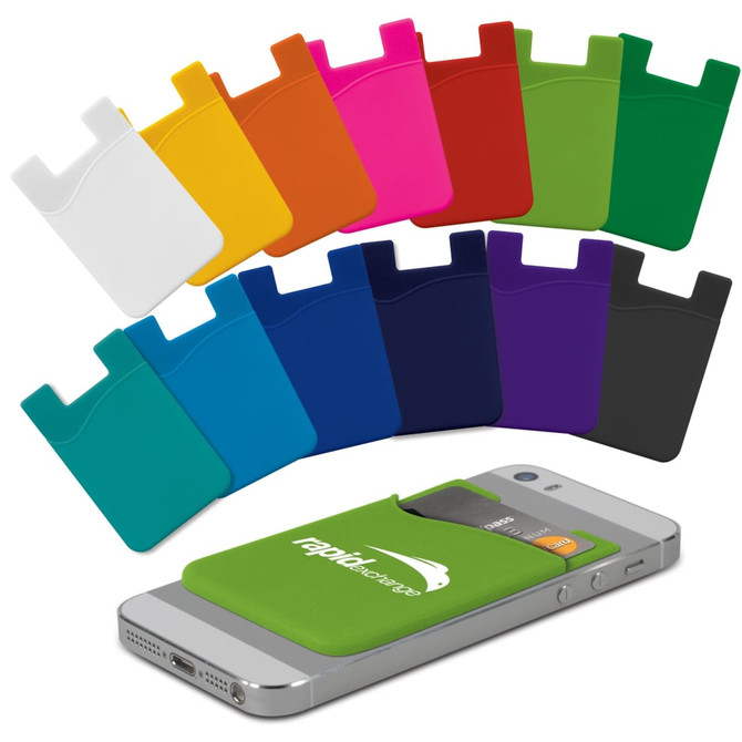 A collection of silicone phone wallets in various colours, featuring a logo, placed on a smartphone.