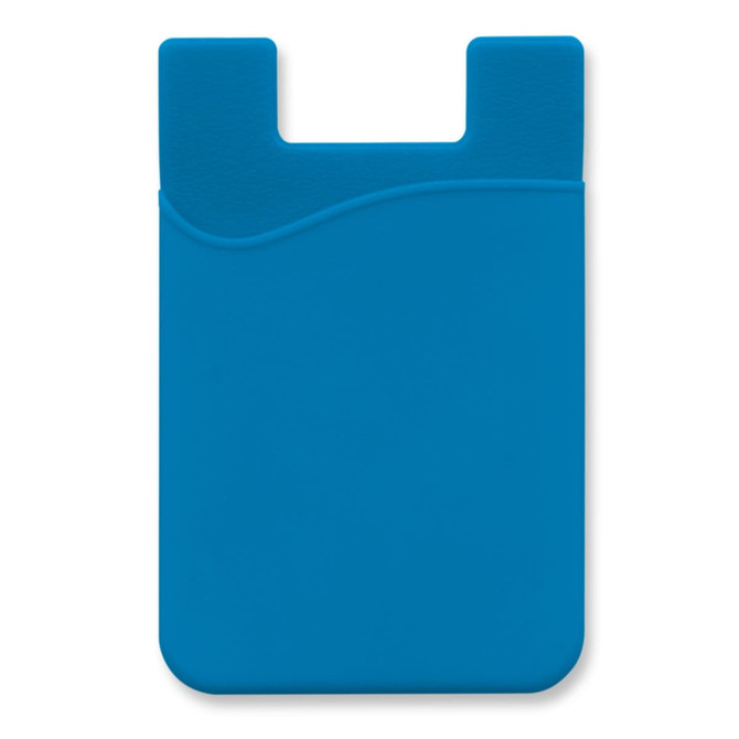 A blue silicone phone wallet with a wave design and a logo, featuring a slot for cards.