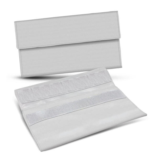 A grey reusable snack pouch with a flap closure and Velcro fasteners, featuring a simple design and a logo.