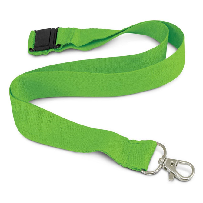 A vibrant green bamboo lanyard with a silver clip and a breakaway safety feature. It has a simple branding logo.