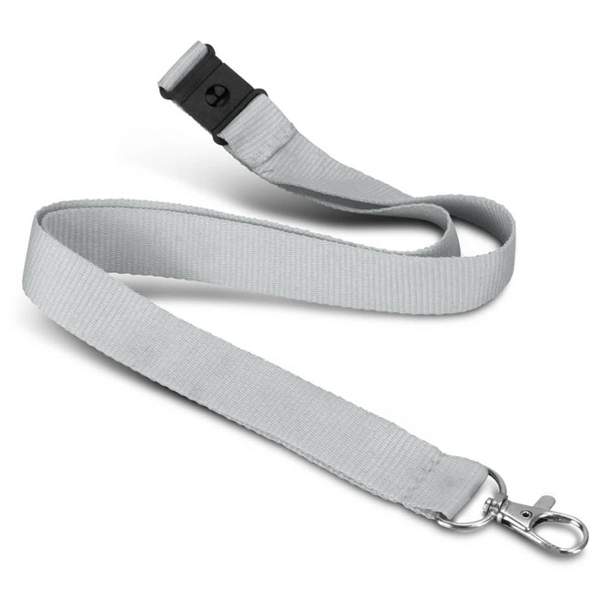 A soft touch logo lanyard in a light grey colour with a clip attachment and a breakaway safety feature.