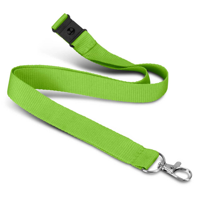 A soft touch logo lanyard in vibrant green with a metal clip for attachment.