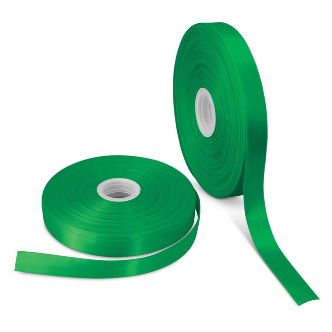 Two rolls of bright green personalised ribbon, one partially unrolled, showcasing its glossy finish.