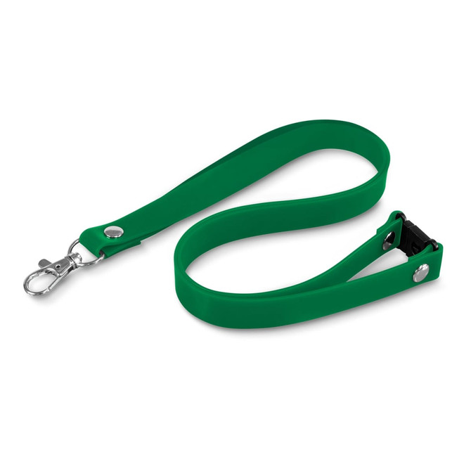 A green silicone lanyard with a metal clip and a secure fastening mechanism.