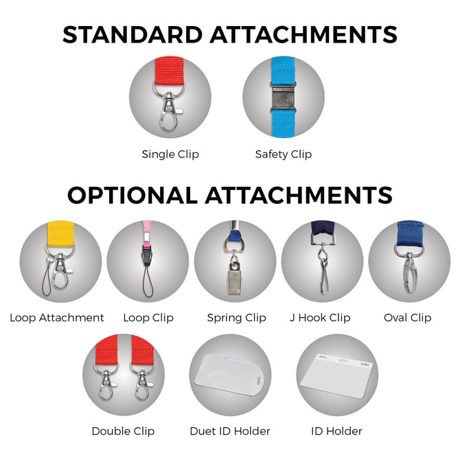 A collection of silicone lanyards in various colours, showing standard and optional attachments, including clips and holders.