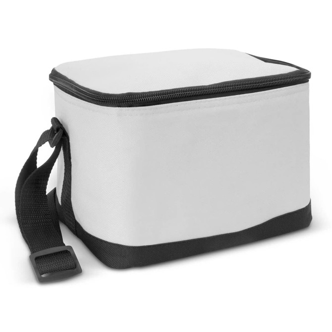 A small cooler bag in white with a black base and strap, featuring a zip closure and a plain design.