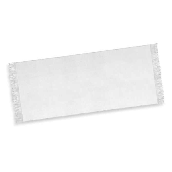 A white beach towel with fringed edges and a logo. Perfect for leisure and outdoor activities.