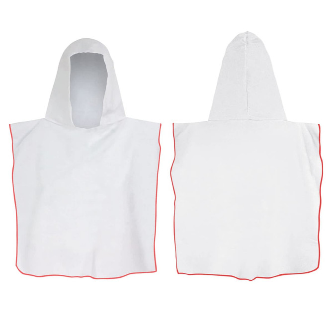 A hooded towel in white with red trim, featuring a large hood and a simple, unembellished design.