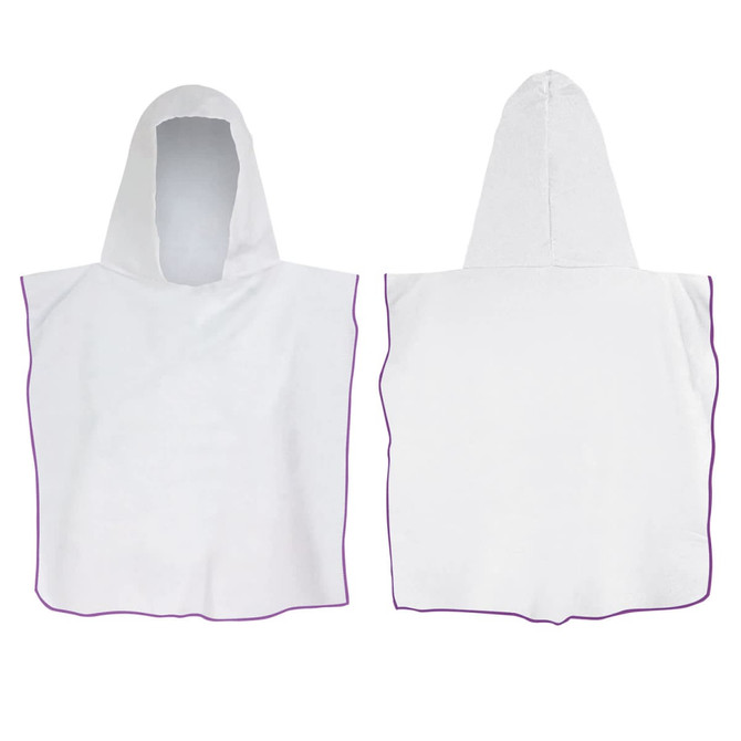 A white kids hooded towel with a purple trim, featuring a large hood for added warmth.
