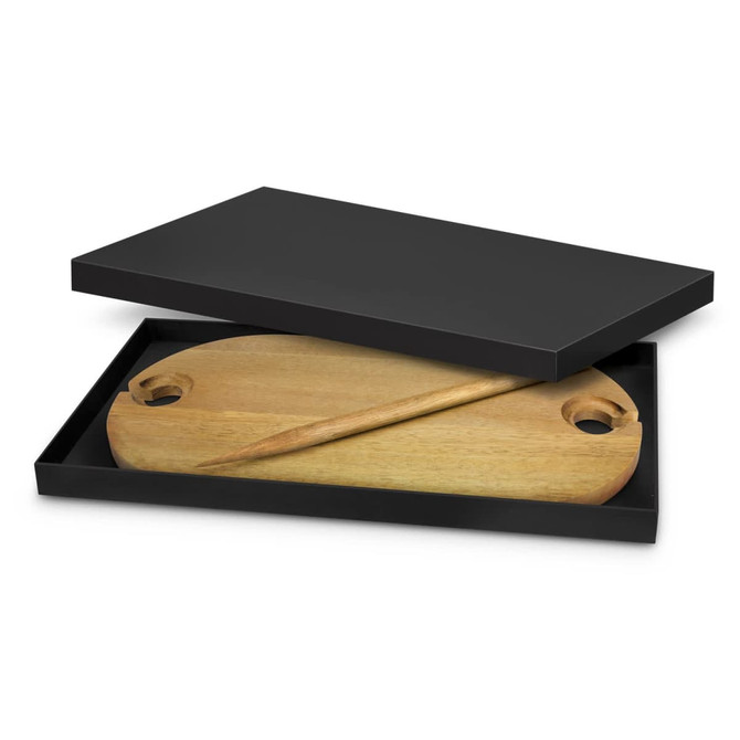 A wooden cheese board with a handle, presented in a black gift box, features two circular cutouts and a matching knife.