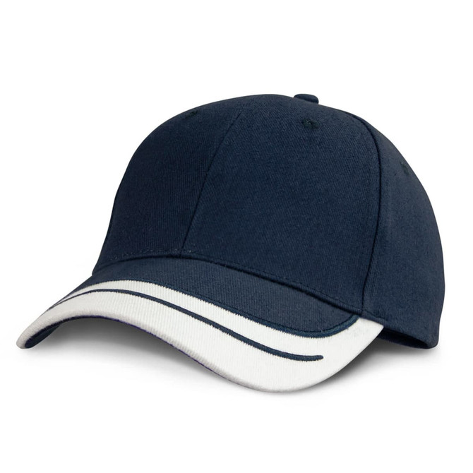 A navy blue cap with a cream-coloured trim and a branding logo on the front.
