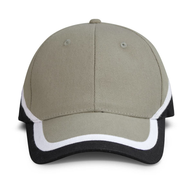 A cap featuring a beige crown with a black visor and white trim, displaying a logo on the front.