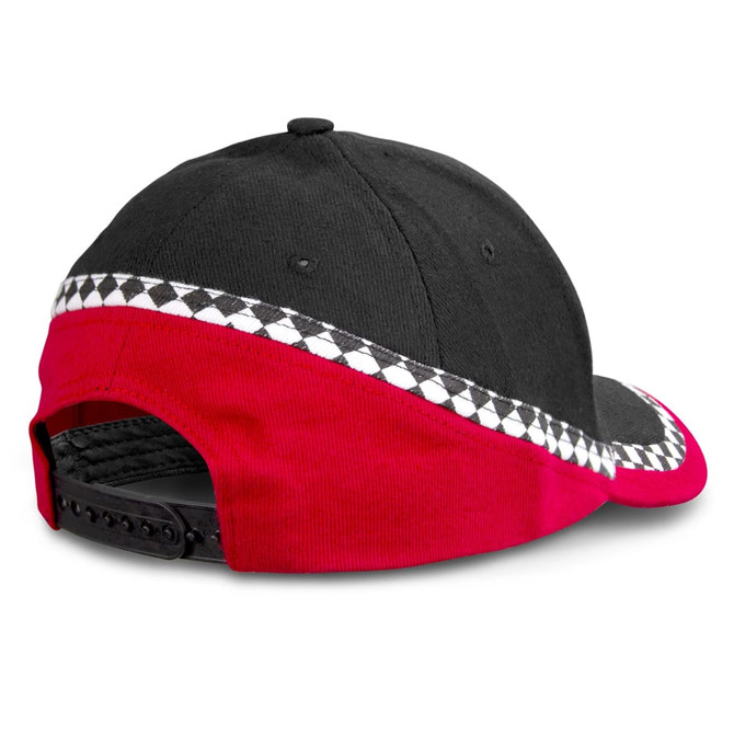 A black and red cap featuring a checkered pattern along the brim and a snapback closure.