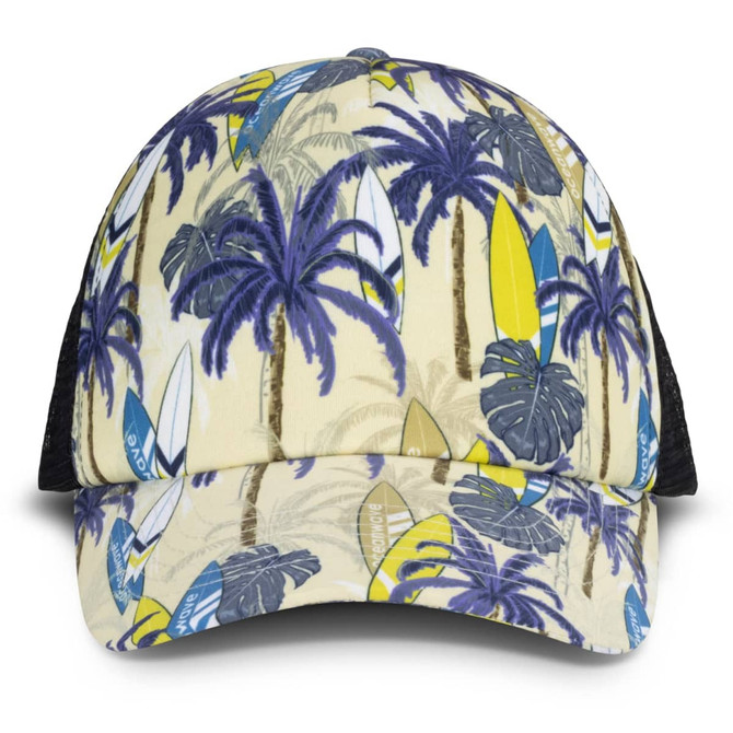 A custom mesh cap featuring a beach-themed design with palm trees and surfboards in blue, yellow, and natural tones.