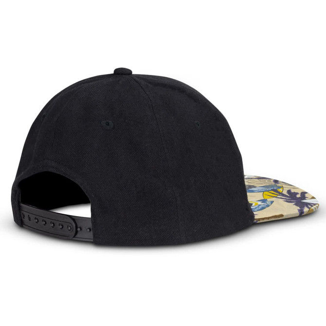 A black cap with a patterned flat peak and an adjustable strap at the back. It features a logo.