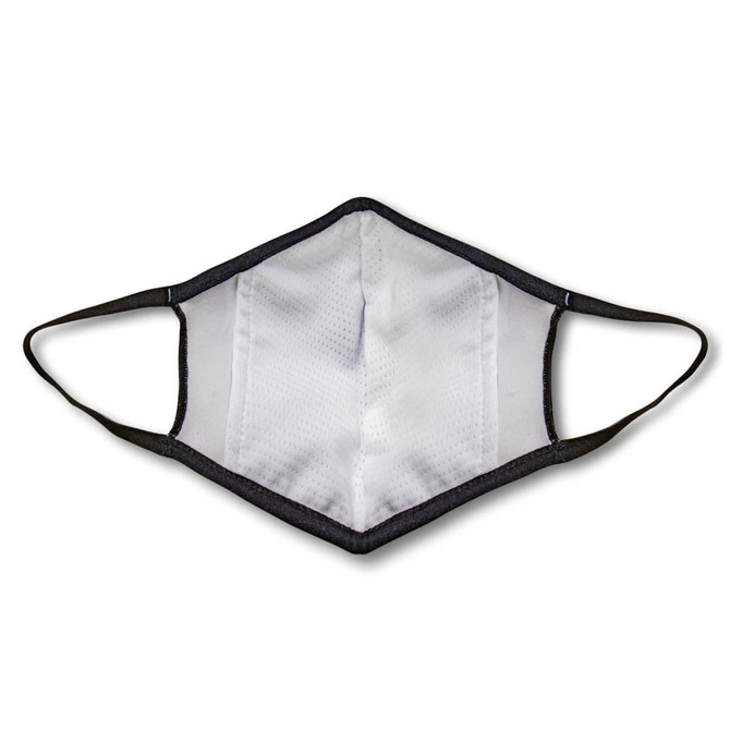 A custom face mask in black with a textured white interior and elastic ear loops. It features a logo.