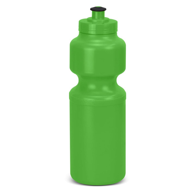 A drink bottle in bright green with a twist-off lid and a logo on the body.