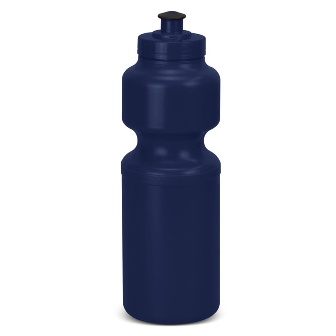 A drink bottle in navy blue with a twist-off lid and a contoured shape. It features a logo on the side.