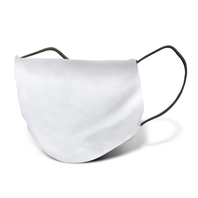 A reusable face mask in white with black ear straps, designed for health and personal use.