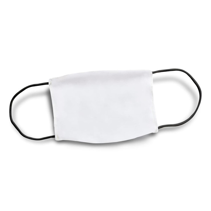 A reusable face mask in white with black ear straps, featuring a logo. Suitable for health and personal use.