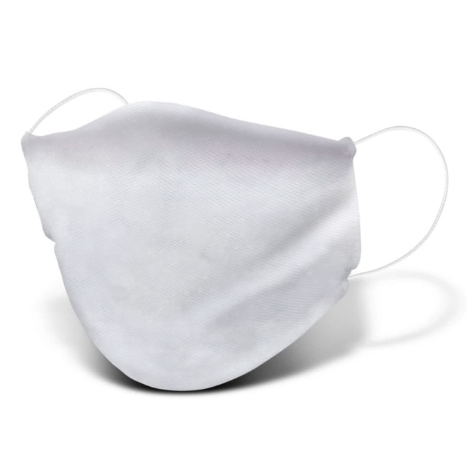 A large, reusable face mask in white, featuring soft fabric and ear loops for comfort.