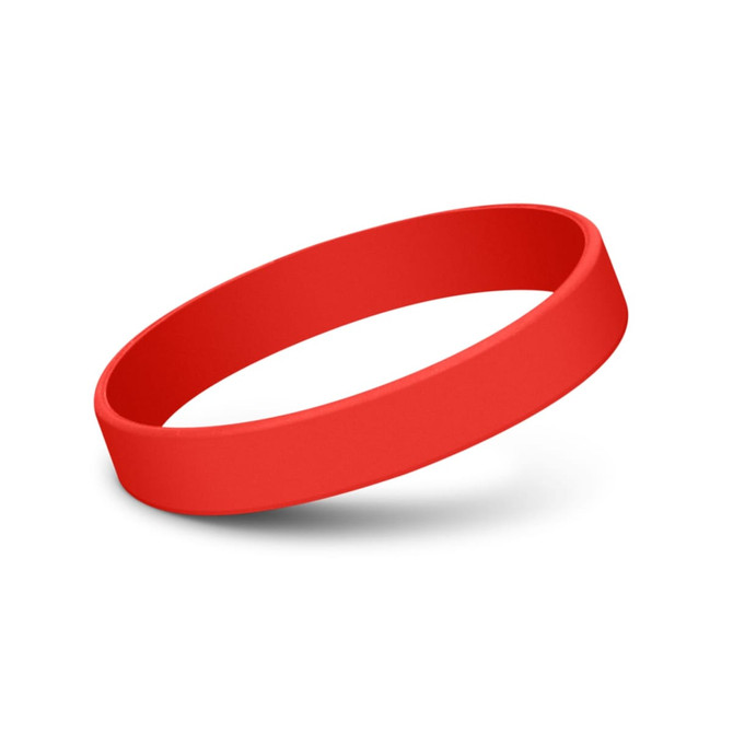 A red silicone wristband, featuring a smooth design and a simple, unembellished appearance.