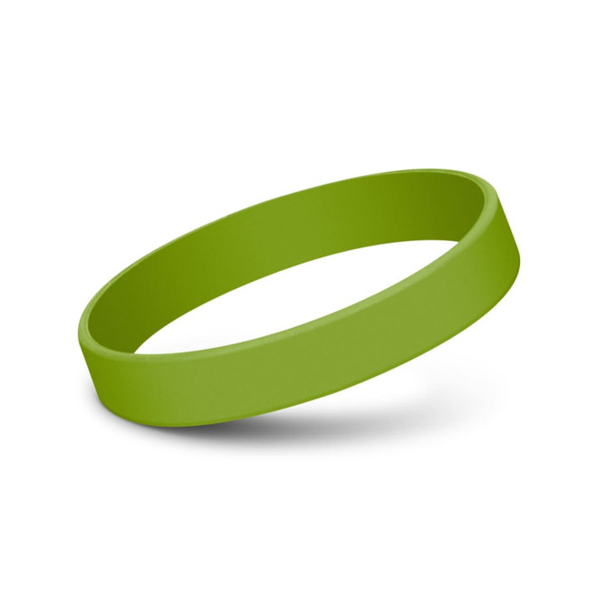 A green silicone wristband with a smooth finish, featuring a simple, solid design.