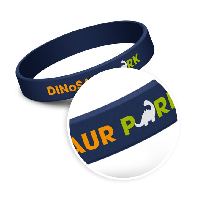 A navy silicone wristband featuring colourful text and a logo, ideal for children's events.