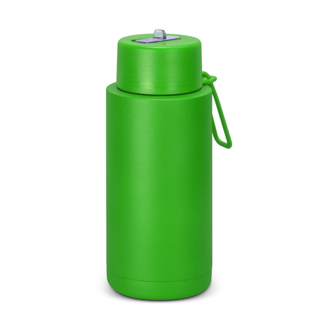 A drink bottle in vibrant green with a screw-top lid and a carrying strap. It has a branding logo.