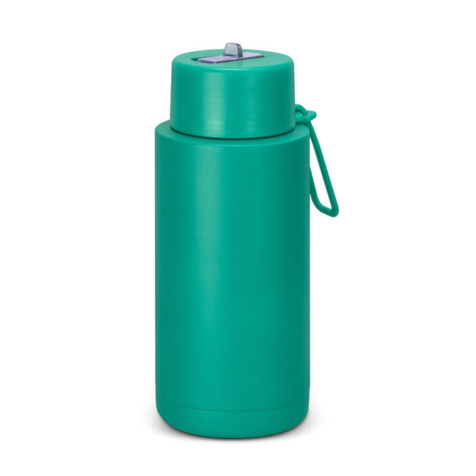 A drink bottle in a vibrant teal colour with a secure lid and a handle for easy carrying. It has a logo on the surface.