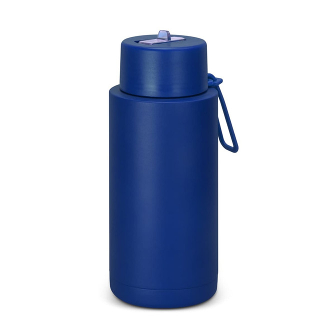 A drink bottle in a deep blue colour with a removable lid and a carrying strap, featuring a logo.