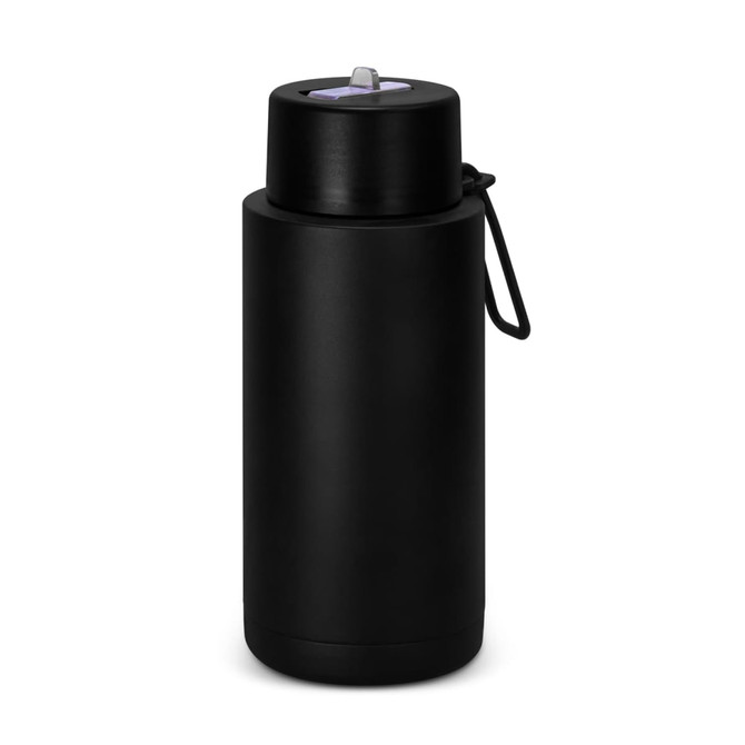 A drink bottle in matte black finish with a secure lid and a carrying strap, featuring a logo.
