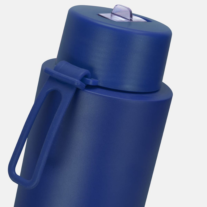 A drink bottle in a deep blue colour with a secure lid and a handle for easy grip. It features a logo.