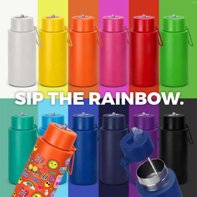 A drink bottle collection featuring various colours including white, yellow, pink, and black, with a logo on each.