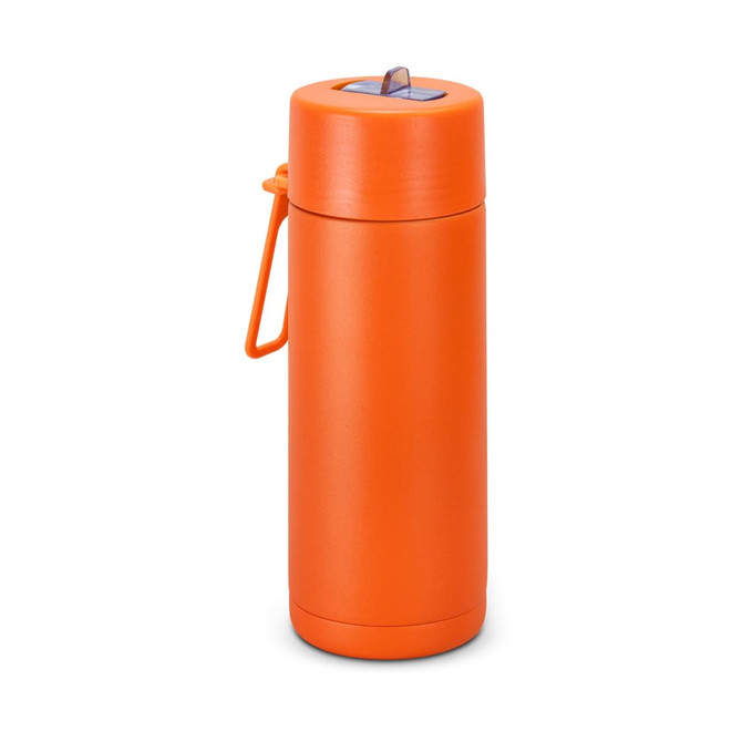 A drink bottle in bright orange, featuring a cap and a handle, designed for convenience. It has a brand logo.