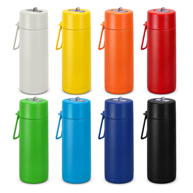 A drink bottle collection featuring nine colours: white, yellow, orange, red, green, blue, and black, each with a logo.