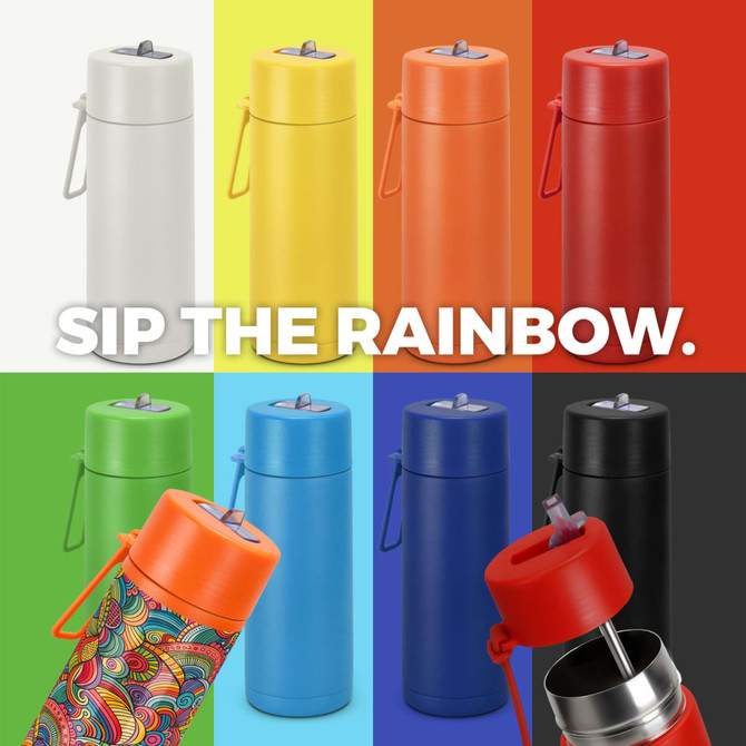 A drink bottle collection featuring various colours including white, yellow, orange, red, blue, green, and a patterned design.
