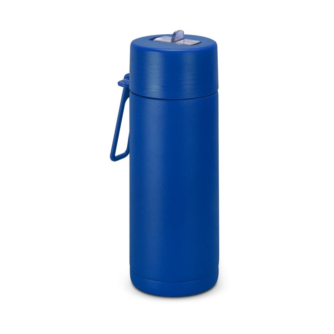 A drink bottle in a bright blue colour, featuring a screw-top lid and a carry handle. It has a logo on the front.