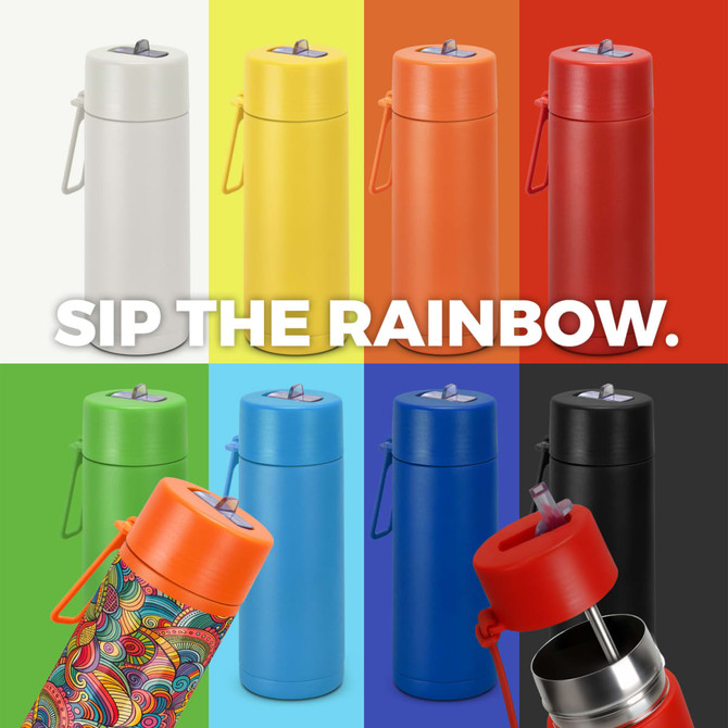 A drink bottle collection featuring various colours including white, orange, red, blue, green, and black, with a decorative design.
