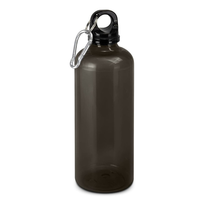 A drink bottle in matte black with a screw top and a metal carabiner for easy attachment.